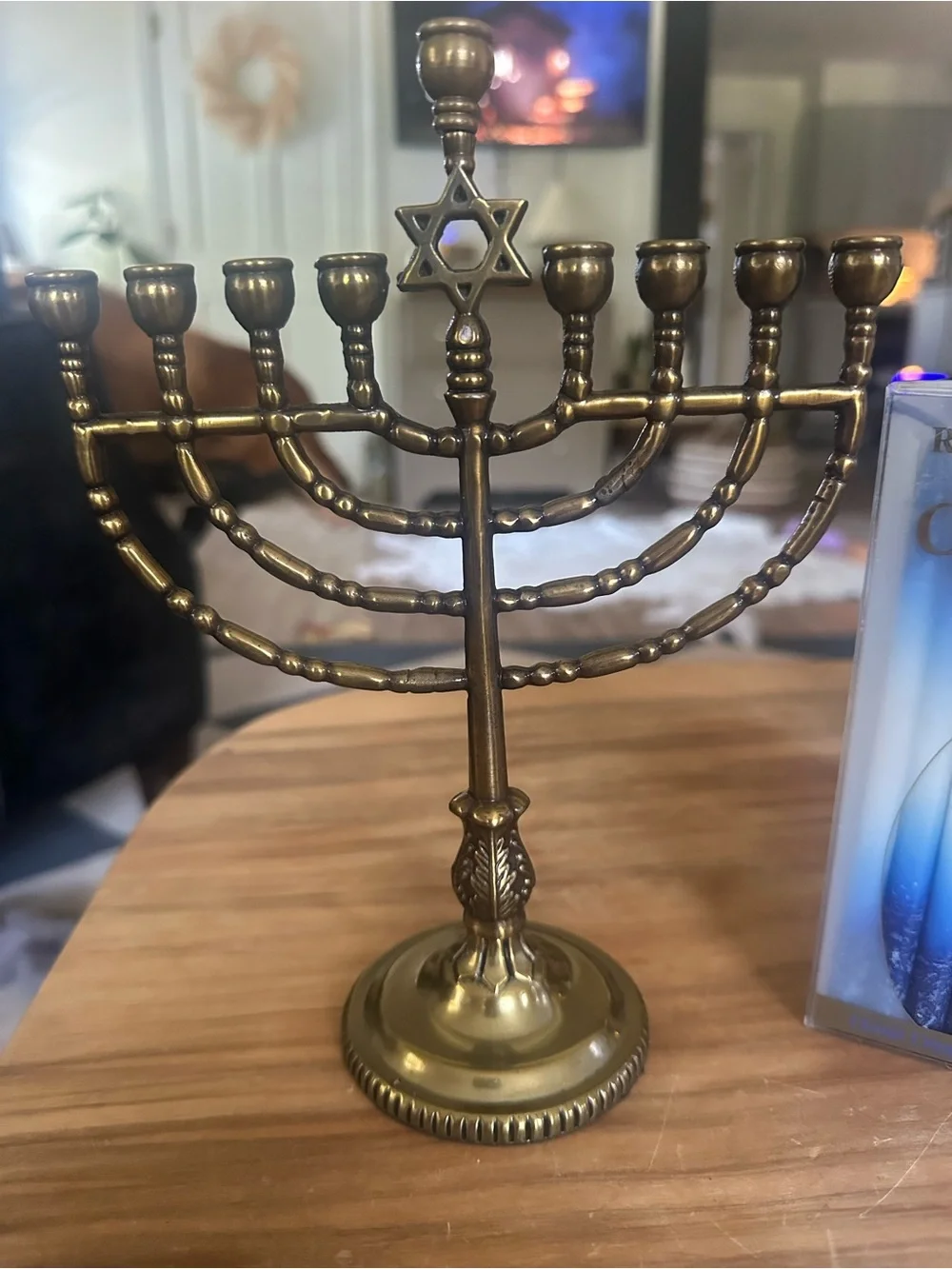 Rite Lite Hanukkah Brass Menorah with candles full box 45 made in India 9x6